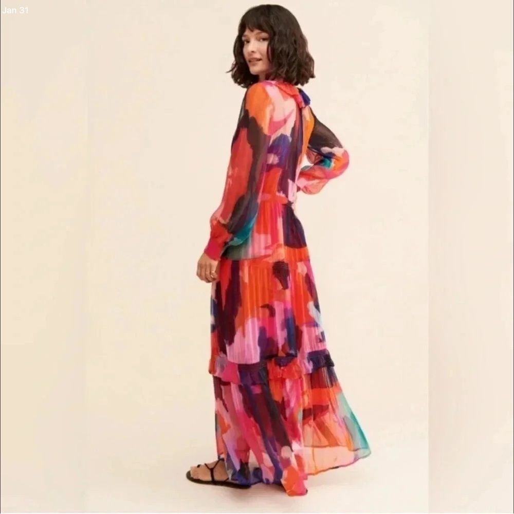 Anthropologie Marais Sheer Long Sleeve Maxi Dress in pink and red + multicolors - Picture 8 of 9